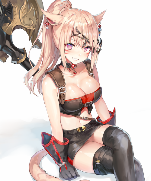 Anime picture 1000x1200 with final fantasy final fantasy xiv square enix miqo'te momoko (momopoco) single long hair tall image looking at viewer breasts light erotic simple background blonde hair smile large breasts white background sitting animal ears payot bent knee (knees)