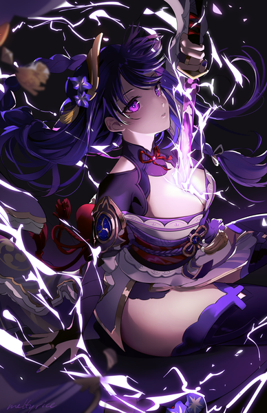 Anime picture 1650x2550 with genshin impact raiden shogun meltyrice single long hair tall image looking at viewer fringe breasts light erotic large breasts sitting purple eyes holding signed cleavage purple hair bent knee (knees) braid (braids) nail polish