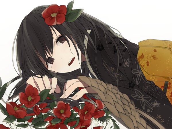 Anime picture 1000x750 with original komachi (artist) single long hair open mouth black hair simple background white background brown eyes looking away traditional clothes japanese clothes hair flower black eyes girl hair ornament flower (flowers) kimono