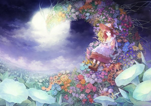 Anime picture 1860x1316 with original hakou (barasensou) long hair looking at viewer highres blue eyes smile brown hair sitting sky cloud (clouds) night girl flower (flowers) hat boots rose (roses) full moon watering can