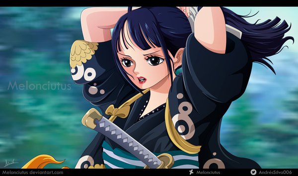 Anime picture 2094x1237 with one piece toei animation kikunojo (one piece) melonciutus single long hair fringe highres open mouth black hair wide image signed payot looking away upper body ponytail traditional clothes japanese clothes lips arms up