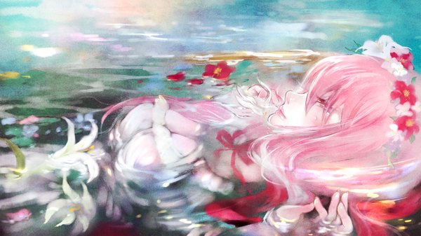 Anime picture 1450x816 with vocaloid megurine luka miqrin single fringe breasts wide image large breasts pink hair lying profile pink eyes lips wet on back alternate costume ophelia's pose girl hair ornament flower (flowers)