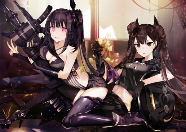 Anime picture 1200x848 with girls frontline ouroboros (girls frontline) architect (girls frontline) tetsubuta long hair looking at viewer fringe breasts light erotic black hair smile hair between eyes twintails multiple girls holding payot cleavage full body nail polish parted lips