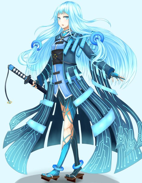Anime picture 1400x1800 with original azure luna single tall image open mouth blue eyes blue hair very long hair girl dress weapon sword katana