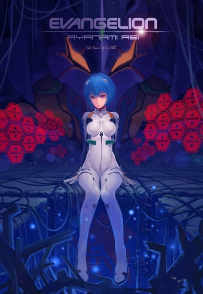 Anime picture 1108x1600 with neon genesis evangelion rebuild of evangelion evangelion: 3.0 you can (not) redo gainax ayanami rei tyc001x single tall image looking at viewer fringe short hair red eyes sitting signed blue hair inscription copyright name glow girl pilot suit