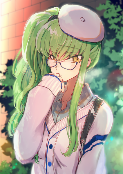 Anime picture 800x1131 with code geass sunrise (studio) c.c. creayus single long hair tall image looking at viewer blush fringe hair between eyes yellow eyes upper body outdoors long sleeves green hair alternate costume side ponytail sleeves past wrists alternate hairstyle