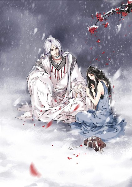 Anime picture 807x1142 with original a wei wei long hair tall image black hair sitting purple hair white hair traditional clothes head tilt leaning leaning forward snowing winter snow pale skin girl dress boy bandage (bandages)