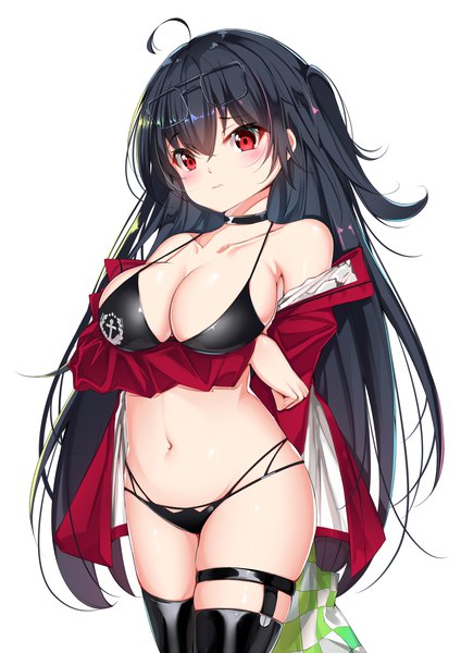 Anime picture 2480x3508 with azur lane taihou (azur lane) taihou (enraptured companion) (azur lane) tming single long hair tall image looking at viewer blush fringe highres breasts light erotic black hair simple background hair between eyes red eyes large breasts standing white background
