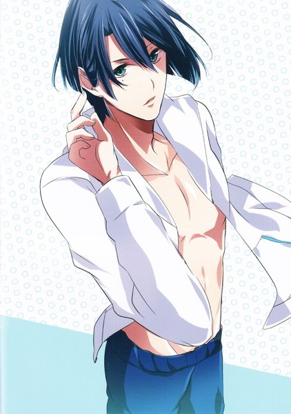 Anime picture 1000x1422 with uta no prince-sama a-1 pictures hijirikawa masato tagme (artist) single tall image looking at viewer short hair simple background standing white background blue hair aqua eyes wind open clothes mole open shirt mole under eye blue background polka dot