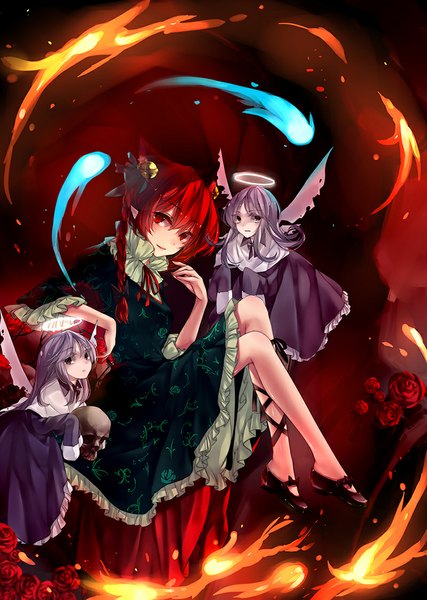 Anime picture 800x1123 with touhou kaenbyou rin zombie fairy hug (yourhug) long hair tall image blush red eyes multiple girls animal ears looking away purple hair red hair braid (braids) cat ears twin braids extra ears girl dress wings