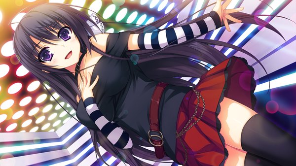 Anime picture 2560x1440 with reminiscence mizuno rin tomose shunsaku single long hair highres open mouth black hair smile wide image purple eyes bare shoulders game cg hand on chest girl thighhighs skirt hair ornament black thighhighs chain