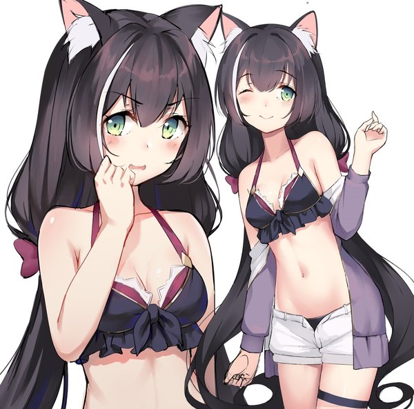 Anime picture 1170x1157 with princess connect! re:dive princess connect! karyl (princess connect!) gin00 long hair looking at viewer blush fringe breasts open mouth light erotic black hair simple background hair between eyes standing white background bare shoulders green eyes animal ears payot