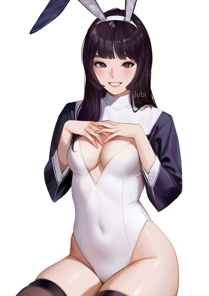 Anime picture 2480x3508 with original jubi (regiana) single long hair tall image looking at viewer fringe highres breasts light erotic black hair simple background smile white background animal ears cleavage blunt bangs black eyes bunny ears lipstick