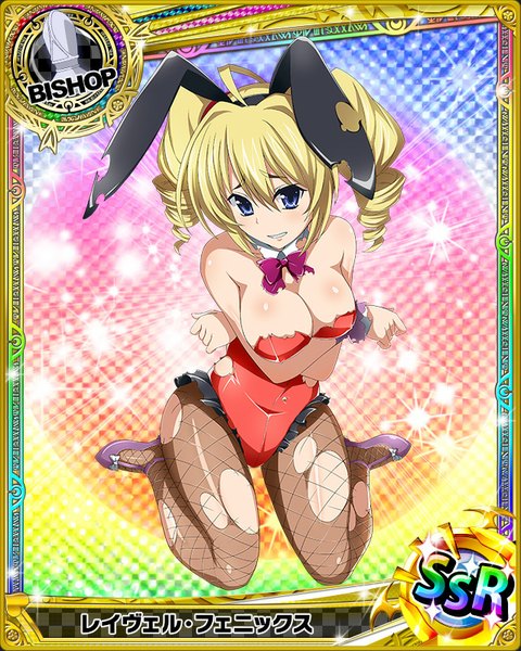 Anime picture 640x800 with highschool dxd ravel phenex single long hair tall image looking at viewer breasts blue eyes light erotic blonde hair twintails animal ears cleavage bunny ears torn clothes drill hair bunny girl card (medium) torn pantyhose girl
