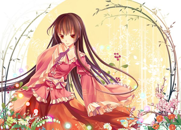 Anime picture 1051x759 with touhou houraisan kaguya tsukimiya kamiko single long hair black hair red eyes long sleeves girl dress flower (flowers) plant (plants)