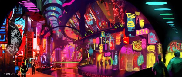 Anime picture 1200x511 with original sketcheth (artist) wide image night city city lights street building (buildings) bridge people