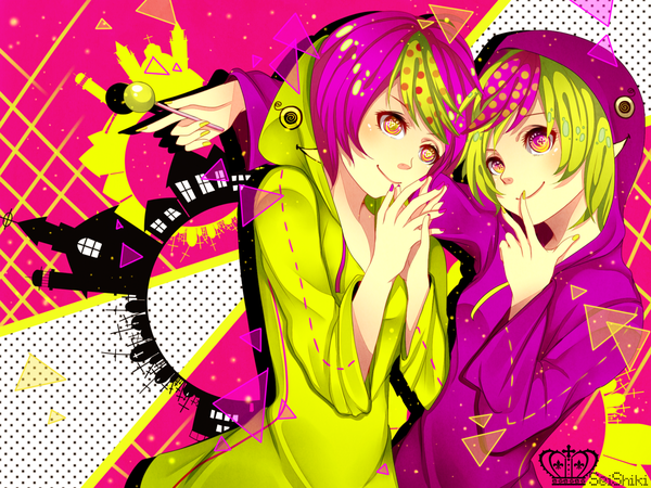 Anime picture 1280x960 with original seishiki (artist) blush short hair smile multiple girls purple hair nail polish multicolored hair green hair inscription lipstick finger to mouth twins multicolored eyes girl 2 girls hood hoodie lollipop