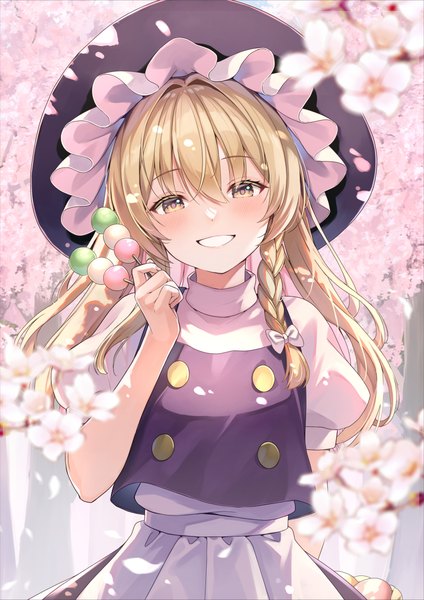 Anime picture 848x1200 with touhou kirisame marisa yuuka nonoko single long hair tall image looking at viewer fringe blonde hair smile hair between eyes yellow eyes upper body braid (braids) grin cherry blossoms side braid double buttons spring girl