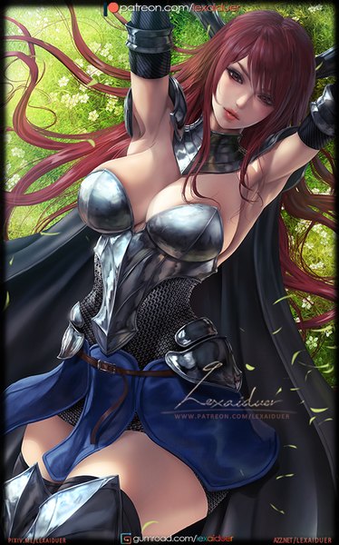 Anime picture 536x860 with fairy tail erza scarlet lexaiduer single long hair tall image looking at viewer breasts light erotic red eyes large breasts signed outdoors red hair lying lips armpit (armpits) on back zettai ryouiki arms behind head