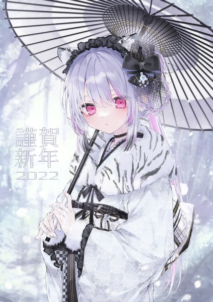 Anime picture 3508x4961 with virtual youtuber indie virtual youtuber hoju rura si10ra single long hair tall image looking at viewer highres animal ears absurdres silver hair braid (braids) traditional clothes parted lips japanese clothes pink eyes snowing new year hair rings