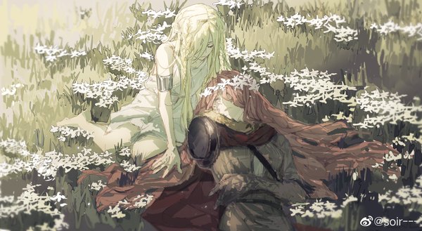Anime-Bild 4120x2258 mit elden ring malenia blade of miquella miquella (elden ring) niutoutou long hair fringe highres blonde hair wide image signed absurdres red hair lying eyes closed hair over one eye on back sleeping siblings twins amputee
