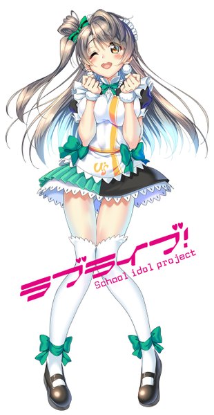 Anime picture 700x1351 with love live! school idol project sunrise (studio) love live! minami kotori piromizu single long hair tall image looking at viewer blush open mouth simple background white background brown eyes one eye closed grey hair wink one side up girl thighhighs
