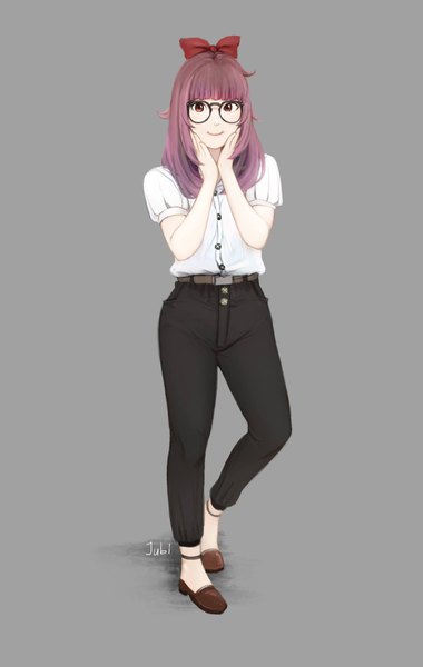 Anime picture 1299x2048 with original yuri (jubi) jubi (regiana) single long hair tall image looking at viewer fringe smile standing brown eyes signed purple hair full body blunt bangs standing on one leg hand on cheek girl bow hair bow