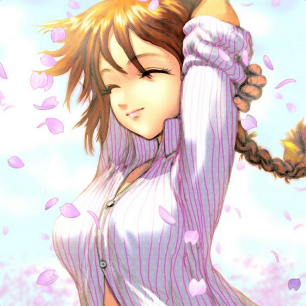 Anime picture 1024x1024 with dead or alive kasumi (doa) tagme (artist) single long hair smile brown hair braid (braids) eyes closed sunlight girl shirt petals striped shirt
