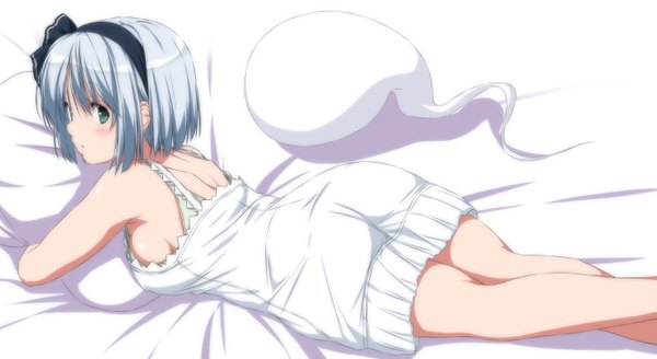 Anime picture 2656x1456 with touhou konpaku youmu myon nori tamago single looking at viewer blush fringe highres short hair light erotic wide image green eyes silver hair ass parted lips looking back bare legs armpit (armpits) alternate costume