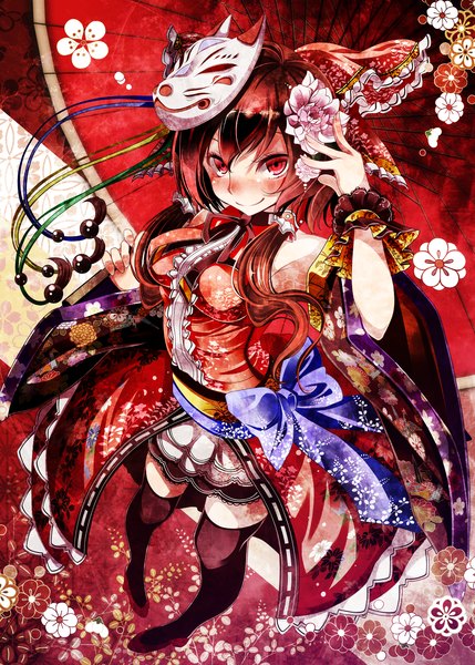Anime picture 1787x2500 with touhou hakurei reimu s-syogo single long hair tall image looking at viewer blush highres smile red eyes red hair hair flower mask on head girl thighhighs hair ornament flower (flowers) bow black thighhighs