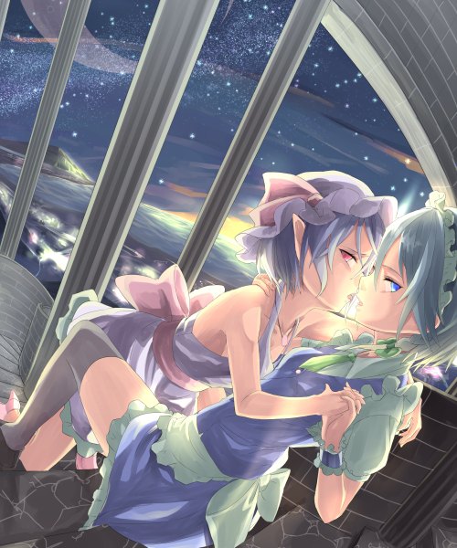 Anime picture 1000x1200 with touhou remilia scarlet izayoi sakuya saraki tall image looking at viewer short hair open mouth blue eyes red eyes bare shoulders multiple girls blue hair silver hair pointy ears maid night sky holding hands shoujo ai almost kiss