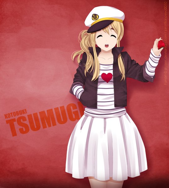 Anime picture 1157x1290 with k-on! kyoto animation kotobuki tsumugi skyzen (artist) single long hair tall image open mouth simple background blonde hair smile eyes closed inscription hand in pocket girl dress skirt food heart berry (berries)