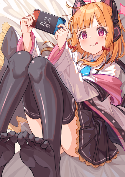 Anime picture 1500x2121 with blue archive nintendo momoi (blue archive) usamaru67pi single tall image short hair light erotic smile pink eyes orange hair :q tress ribbon girl thighhighs bow black thighhighs hair bow tongue headphones