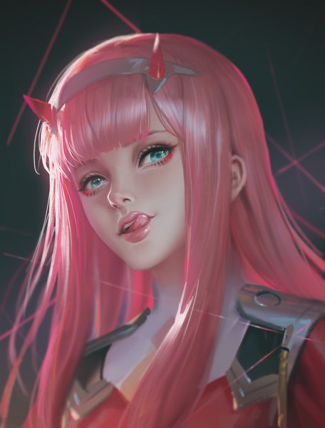 Anime picture 1200x1578 with darling in the franxx studio trigger zero two (darling in the franxx) youyi (jiam009) single long hair tall image looking at viewer blush fringe open mouth payot pink hair upper body blunt bangs horn (horns) aqua eyes lips realistic portrait