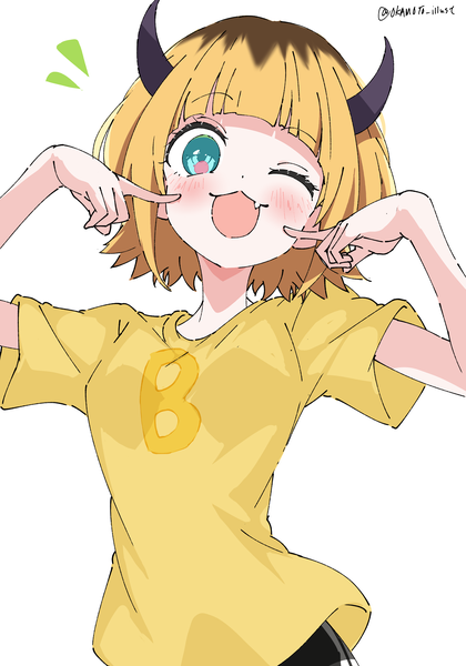 Anime picture 2864x4093 with oshi no ko memcho white gorilla (okamoto) single tall image looking at viewer blush highres short hair open mouth blue eyes simple background blonde hair white background signed upper body one eye closed horn (horns) wink fang (fangs)