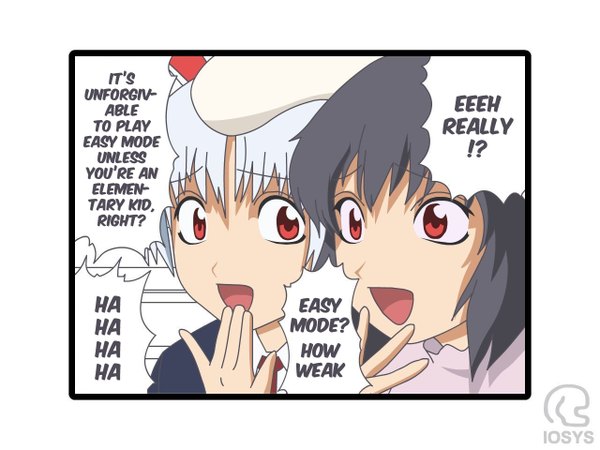 Anime picture 1280x960 with touhou reisen udongein inaba inaba tewi open mouth black hair red eyes multiple girls animal ears silver hair bunny ears text border bunny girl english hand to mouth parody meme girl 2 girls speech bubble