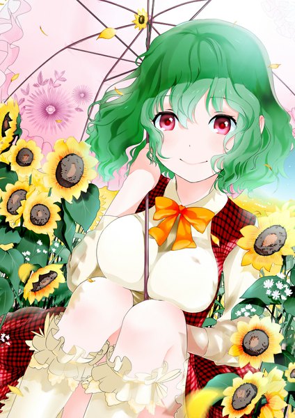 Anime picture 707x1000 with touhou kazami yuuka yamada ranga single tall image looking at viewer blush short hair smile red eyes sitting green hair girl dress flower (flowers) petals socks umbrella sunflower