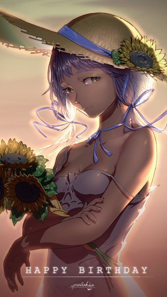 Anime picture 1215x2160 with vocaloid vocaloid china luo tianyi pelokio single long hair tall image fringe breasts smile standing twintails bare shoulders holding signed yellow eyes cleavage purple hair fingernails sleeveless