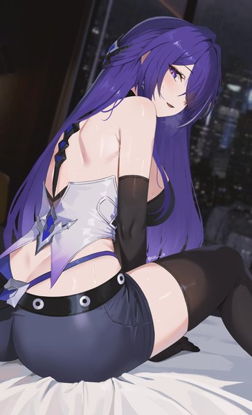 Anime picture 2332x3844 with honkai: star rail honkai (series) acheron (honkai: star rail) nvl single long hair tall image looking at viewer fringe highres breasts open mouth light erotic large breasts sitting purple eyes signed purple hair ass indoors