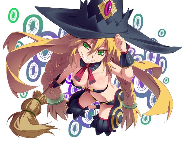 Anime picture 1350x1050 with majo to hyakkihei metallica (swamp witch) hayashi custom single long hair breasts light erotic blonde hair smile twintails green eyes cleavage braid (braids) teeth fang (fangs) twin braids grin witch girl hat