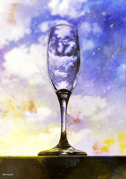 Anime picture 600x849 with original nomiya (no 38) tall image signed sky cloud (clouds) night night sky twitter username lens flare evening sunset no people water drop wine glass