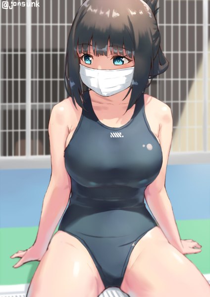 Anime picture 1000x1414 with gridman universe ssss.gridman studio trigger hassu jonsun single tall image blush fringe short hair breasts blue eyes light erotic black hair large breasts sitting bare shoulders signed payot looking away
