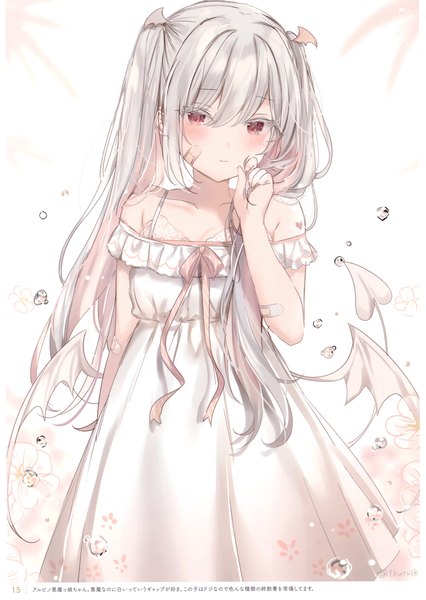 Anime picture 2101x2958 with original mafuyu (chibi21) single long hair tall image looking at viewer blush fringe highres simple background hair between eyes red eyes standing white background twintails bare shoulders signed payot white hair tail