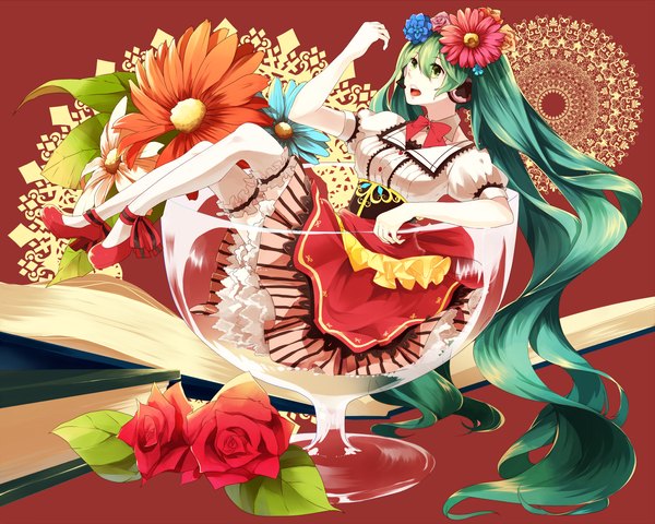 イラスト 1971x1577 と ボーカロイド 初音ミク ヒロイム❂ついったー ソロ highres 開いた口 ツインテール very long hair hair flower aqua eyes aqua hair 女の子 ストッキング ドレス 髪飾り 花 白いストッキング 縁飾り ヘッドフォン