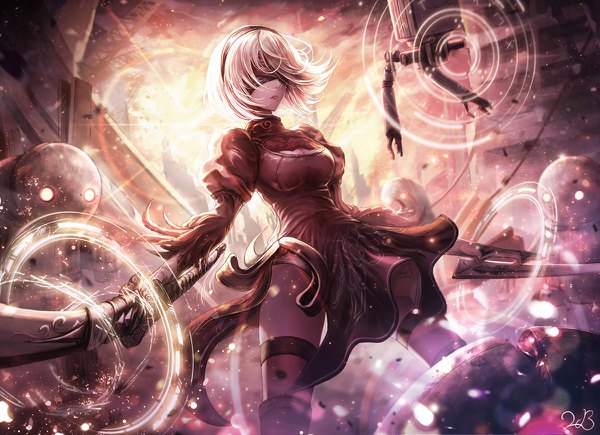 Anime picture 1200x870 with nier nier:automata yorha no. 2 type b pod (nier:automata) inho song single fringe short hair breasts standing holding signed sky cleavage cloud (clouds) outdoors white hair parted lips sunlight mole