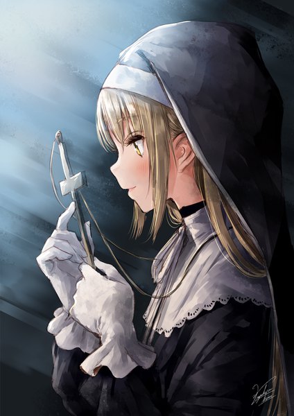 Anime picture 1080x1527 with virtual youtuber nijisanji sister cleaire kazuharu kina single long hair tall image blush fringe blonde hair holding signed yellow eyes payot upper body profile light nun girl gloves