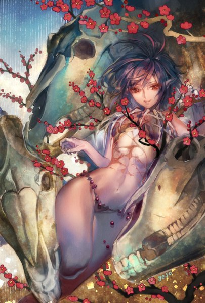 Anime picture 886x1311 with original umiu geso long hair tall image light erotic smile red eyes brown hair signed pointy ears teeth midriff scar girl navel underwear panties flower (flowers) plant (plants) tree (trees)