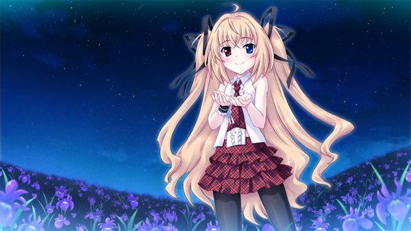 Anime picture 1024x576 with yasashii mahou no tonaekata long hair blonde hair wide image twintails game cg night heterochromia girl skirt flower (flowers) ribbon (ribbons) hair ribbon miniskirt