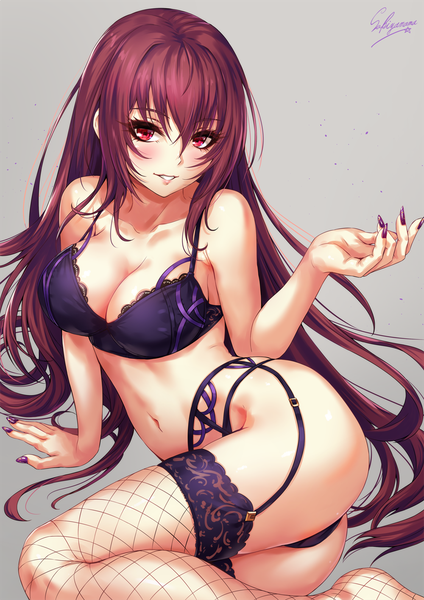 Anime picture 1000x1414 with fate (series) fate/grand order scathach (fate) (all) scathach (fate) sakiyamama single long hair tall image blush fringe breasts light erotic simple background hair between eyes red eyes large breasts sitting bare shoulders signed payot