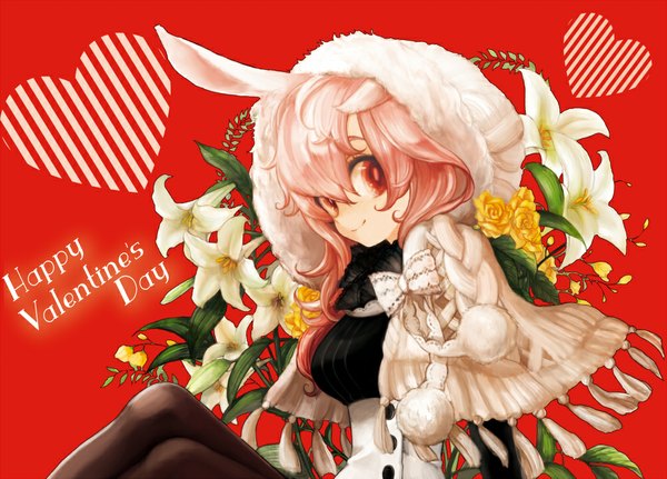 Anime picture 1000x719 with original michi ta (masquerade) single long hair looking at viewer smile red eyes animal ears pink hair inscription bunny ears red background valentine girl flower (flowers) pantyhose heart rose (roses) hood lily (flower)